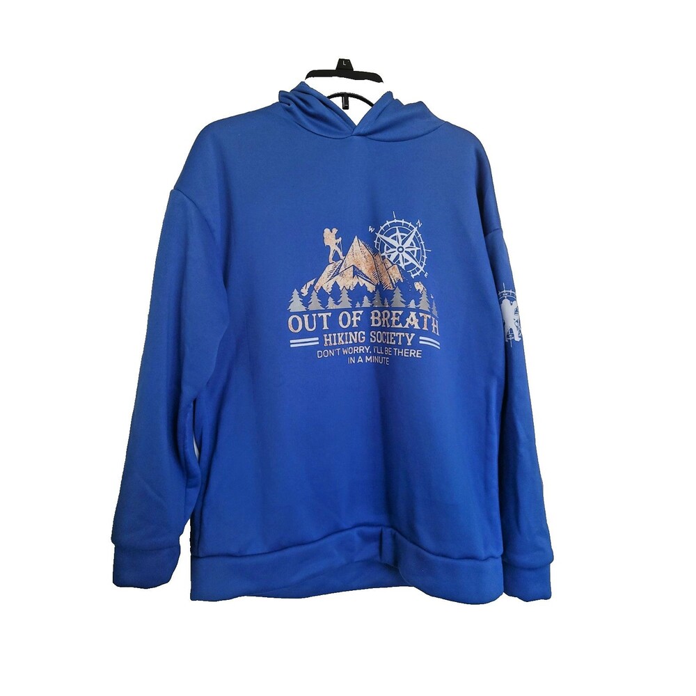 Women's XL Blue "Out of Breath Hiking Society" Hoodie - Funny Hiking Joke Sweats